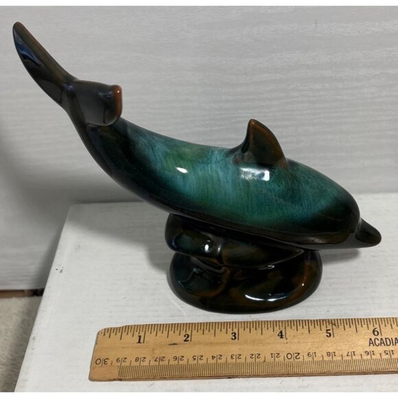 Blue Mountain Pottery Dolphin Figurine 6.75" Tall Green Black Drip Glaze - Picture 7 of 7